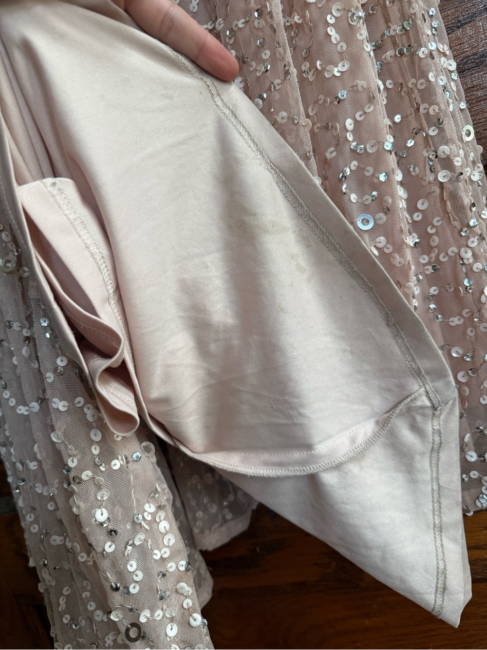 ADRIANNA PAPELL Scoop Back Sequin Maxi Gown Short Sleeve Full Length Blush Nude - Picture 8 of 9
